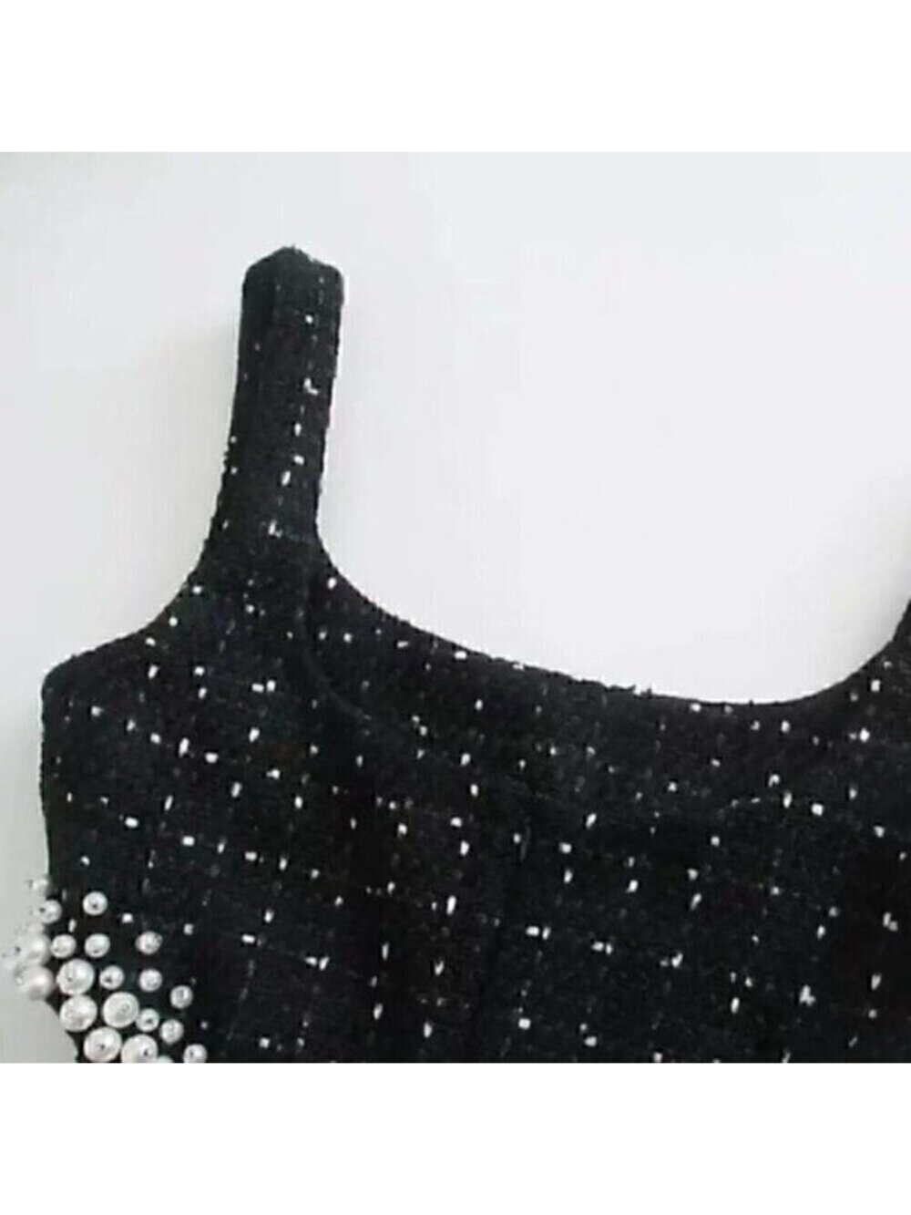 Black Texture Tweed Weave Cutout Mini Dress With Faux Pearls L - Picture 6 of 16
